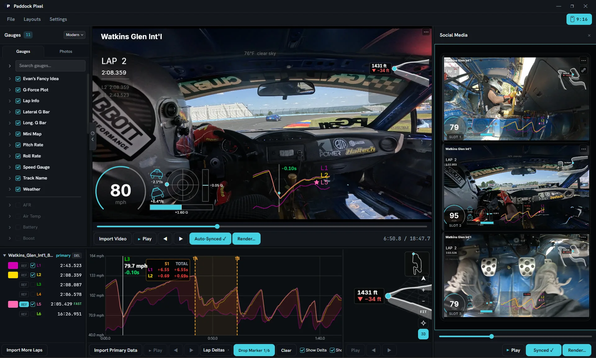 The Paddock Pixel desktop app on a Watkins Glen session: the gauge list on the left, in-car video with overlays in the viewport, lap list and lap-delta timeline in the dock, and the 9:16 social media previews open on the right