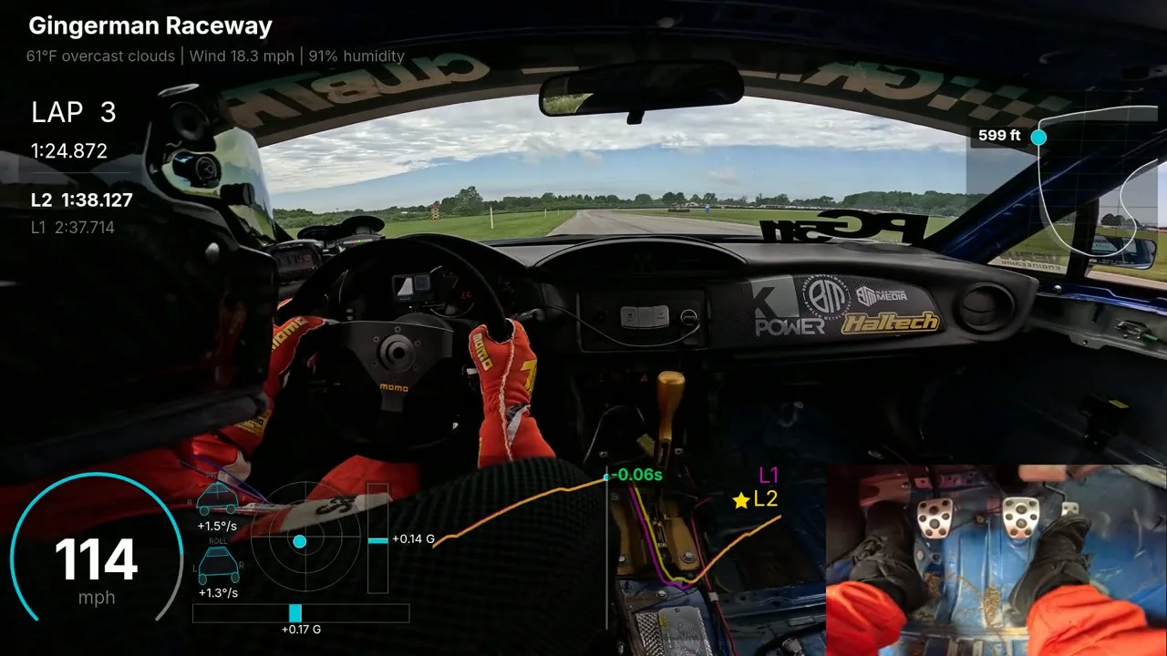 A 16:9 Paddock Pixel render: in-car footage with the speed, G force, lap delta and track map overlays